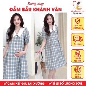 Đầm bầu, váy bầu cộc tay caro Khánh Vân